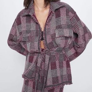Zara Check Knit Tweed Overshirt Cardigan Sweater